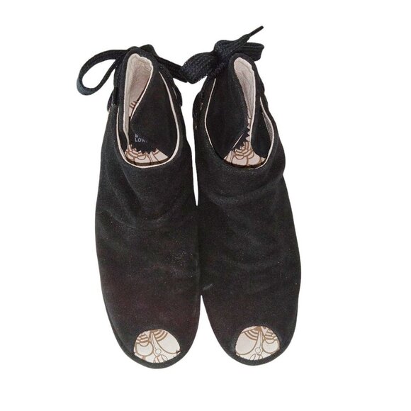 Fly London Yema Booties Women's Size 7.5 Black Suede Peep Toe Heel Tie Wedge - Picture 2 of 10